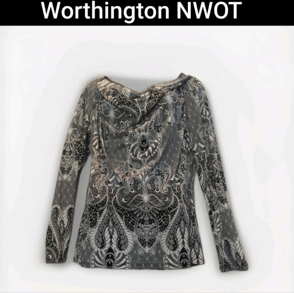 NWOT Worthington Drape Front Top  Blend Of Dark Gray/Black/White Lightweight